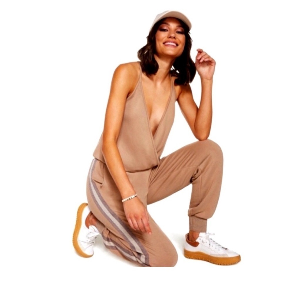 NWT Ramy Brook Maddie Jumpsuit M Caramel 3 Side Race Stripes  Metallic Rose Gold
